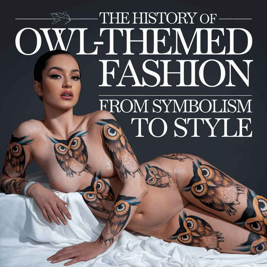 Woman with owl-themed body art showcasing the history of owl-themed fashion from symbolism to style