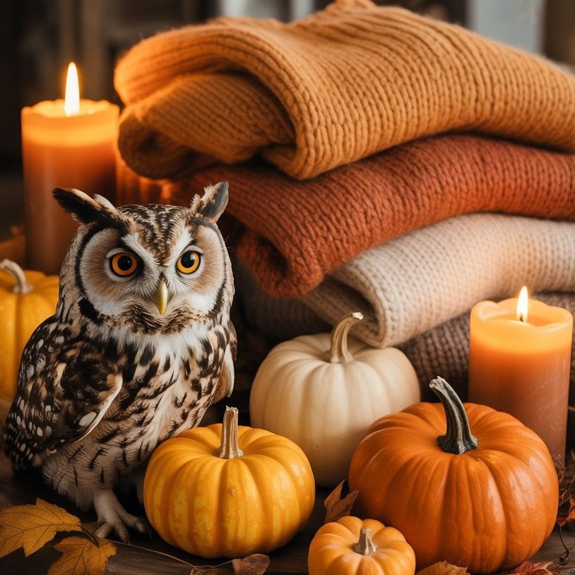 Folded owl-embroidered sweatshirts and tote on rustic table with autumn decor