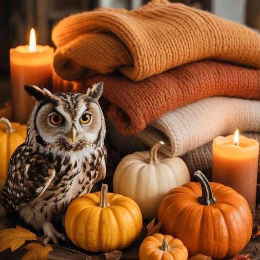 Folded owl-embroidered sweatshirts and tote on rustic table with autumn decor