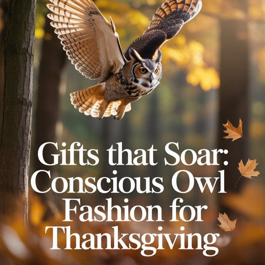 Owl illustration above eco hoodie and tote in fall color palette