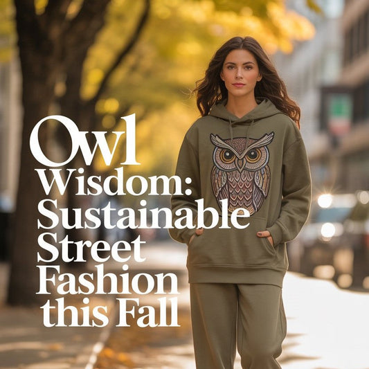 Model wearing owl-embroidered eco hoodie and joggers on urban fall street
