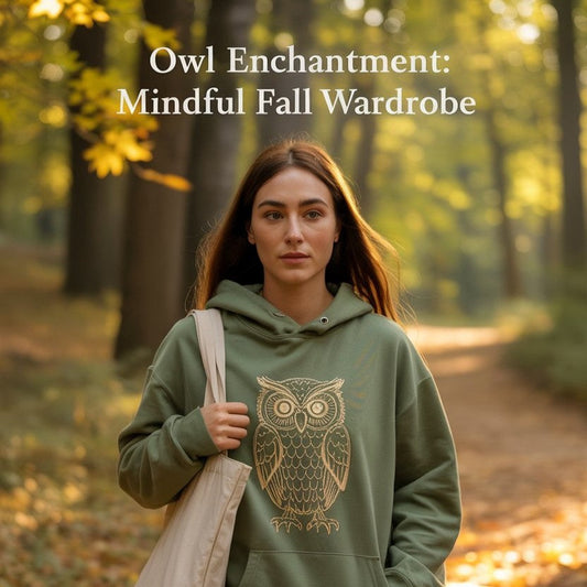 Model walking autumn forest path wearing owl embroidered eco hoodie