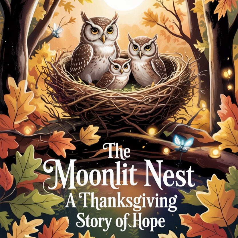 An owl and chicks in a glowing moonlit nest symbolizing hope and gratitude.
