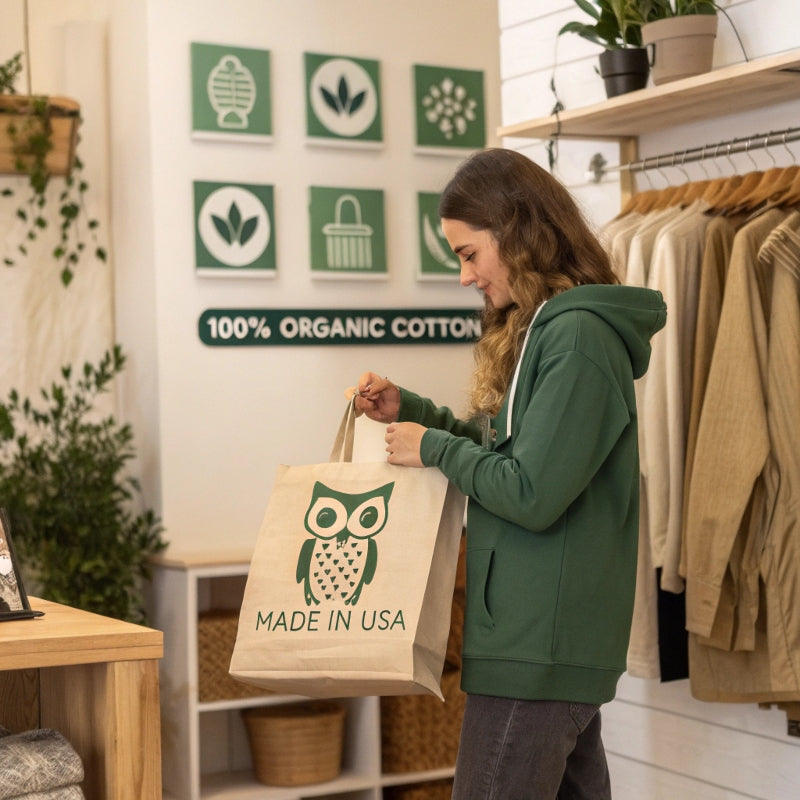 Young woman explores eco boutique in Portland with organic cotton hoodies, owl tote, and 'Made in USA' tags. Warm, earthy tones. Curious, sustainable vibe.
