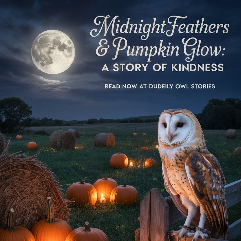 A glowing barn owl near pumpkins under moonlight symbolizing kindness.
