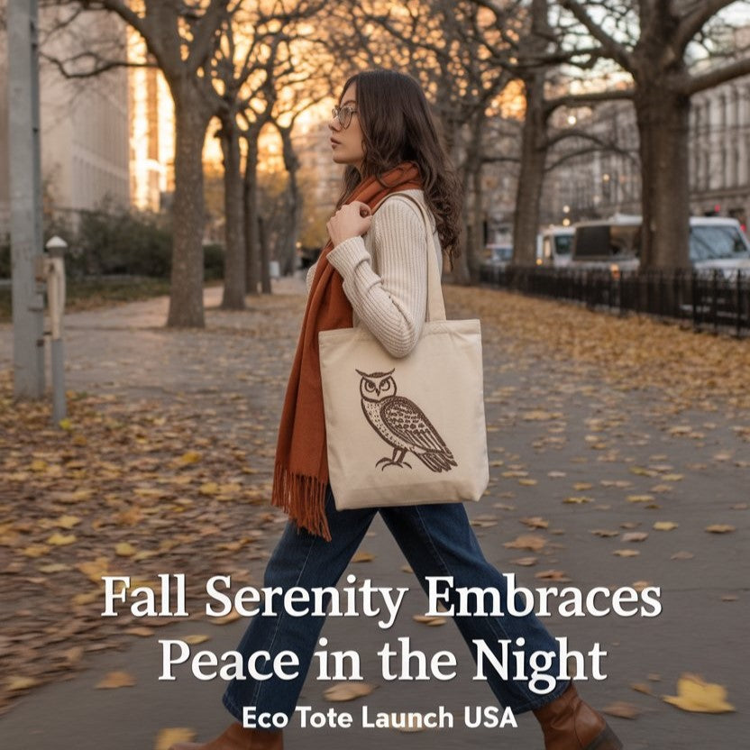 A woman with an eco owl tote walks through a fall park at sunset. Text on image: “Fall Serenity Embraces Peace in the Night”.