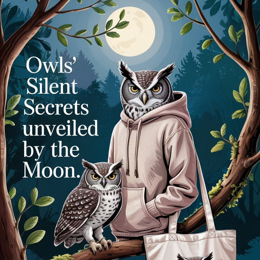 Moonlit scene with an owl and eco hoodie on a branch. A serene blend of nature’s wisdom, night calm, and sustainable USA fashion.