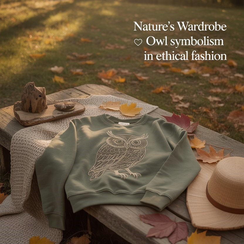 Model in owl-embroidered hoodie among autumn leaves. Symbolic, sustainable, and mindful fall fashion inspired by nature’s harmonydeas, eco lifestyle, organic apparel