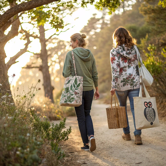 2 stylish people in a forest wearing earth-toned, owl-themed sustainable fashion — showcasing nature-inspired clothing trends in the USA