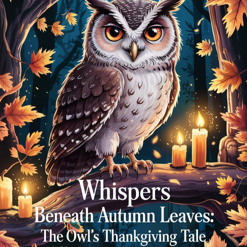 A fall forest scene with a wise owl perched among glowing golden leaves, symbolizing Thanksgiving gratitude.