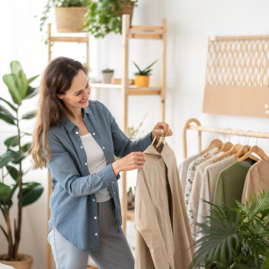 Happy young adult in a natural-lit room unpacking recycled fashion clothing gifts — eco shirts, upcycled jackets, and tote bags — surrounded by indoor plants and a sustainable wardrobe setup.