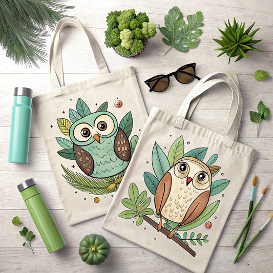 Flat-lay of owl-themed eco tote bags with sustainable lifestyle accessories, showcasing reusable and stylish options for conscious shoppers in the USA.