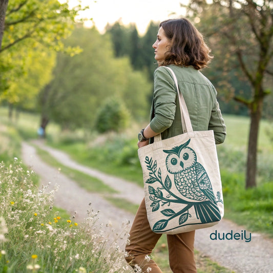 Person holding an owl-themed eco tote bag in a nature setting, reflecting sustainable and ethical fashion from Dudeily.