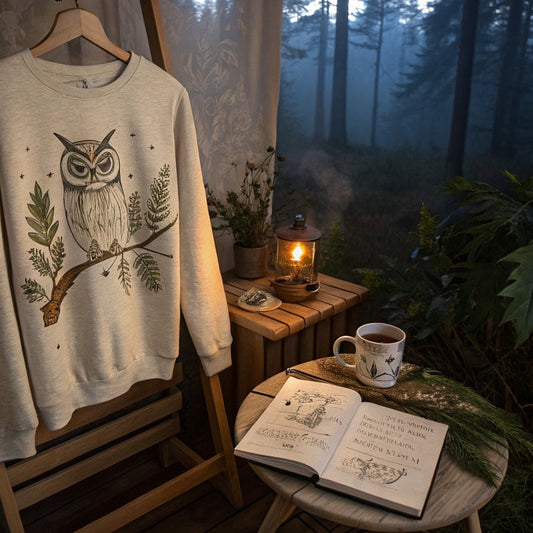 Lifestyle image of a cozy nature-inspired space with an owl-printed sweatshirt, a journal open to owl sketches, and forest views — symbolizing wisdom and sustainable fashion choices.