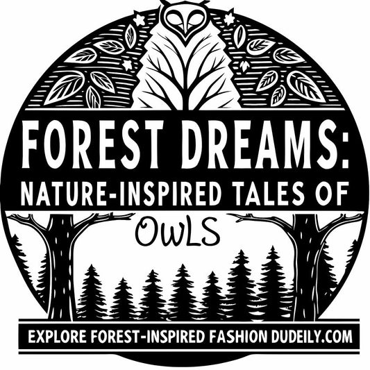 Model in owl-themed eco hoodie and tote walking through autumn forest. Nature-inspired, sustainable USA fashion for cozy fall days.