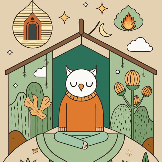 Peaceful eco-style image with an owl, natural textures, and sustainable fashion pieces symbolizing wisdom and mindful living.