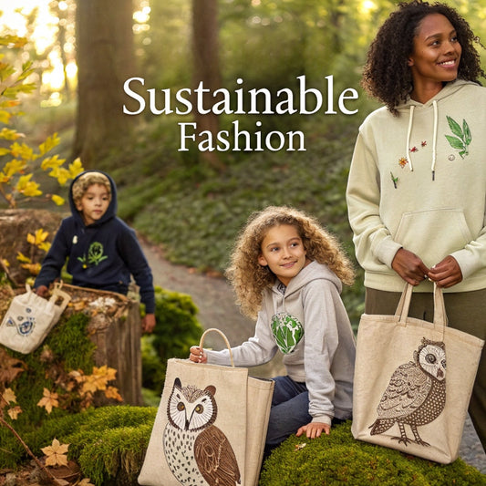 Diverse models outdoors wearing wildlife-inspired sustainable clothing — owl sweatshirts, eco tote bags, and kids’ eco hoodies — in a forest setting with soft natural light.