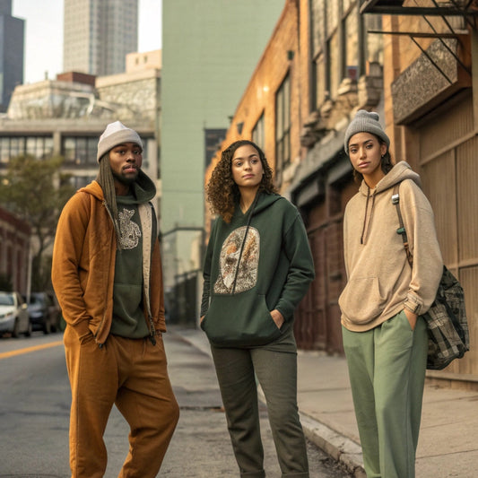 Three young adults wearing organic cotton streetwear with owl designs, standing in an urban USA street setting — showcasing eco-conscious fashion in earthy tones.