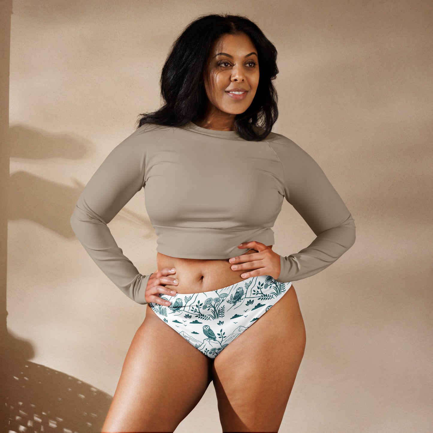Owl-Themed Recycled High-Waisted Bikini Bottom – Sustainable Swimwear for Eco-Chic Adventures Dudeily