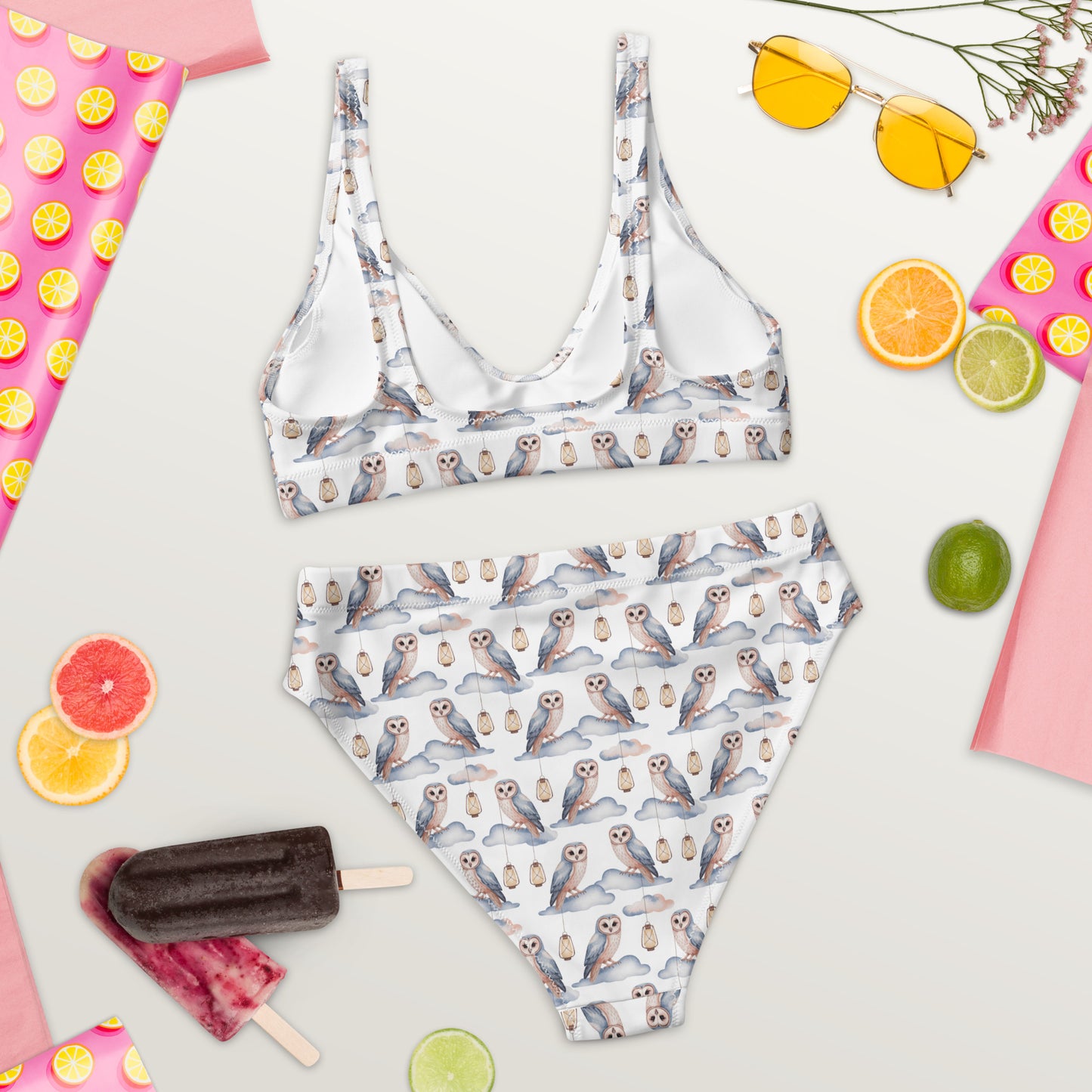 Recycled High-Waisted Bikini – Eco-Friendly Owl Print Swimwear Dudeily