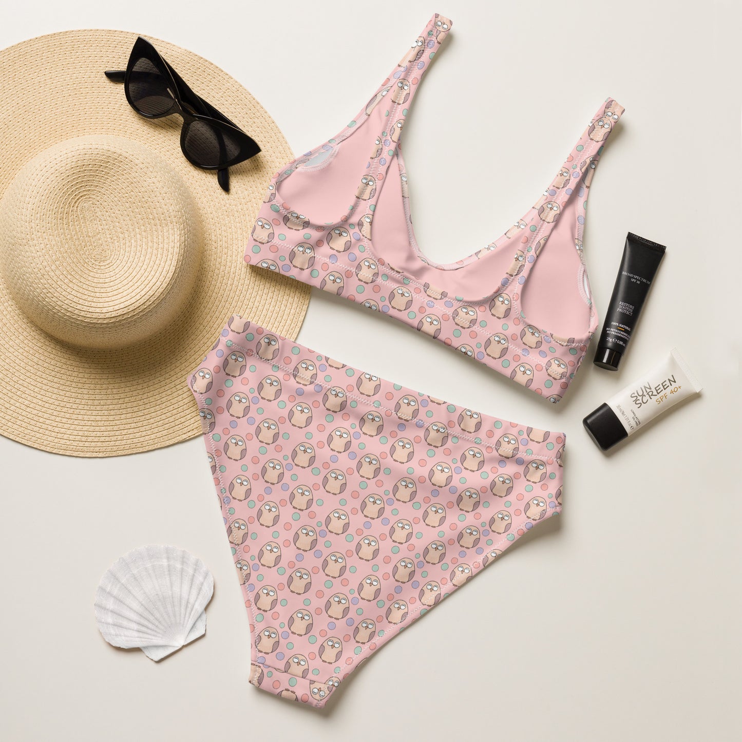 Recycled High-Waisted Bikini – Eco-Friendly Owl Print Swimwear Dudeily