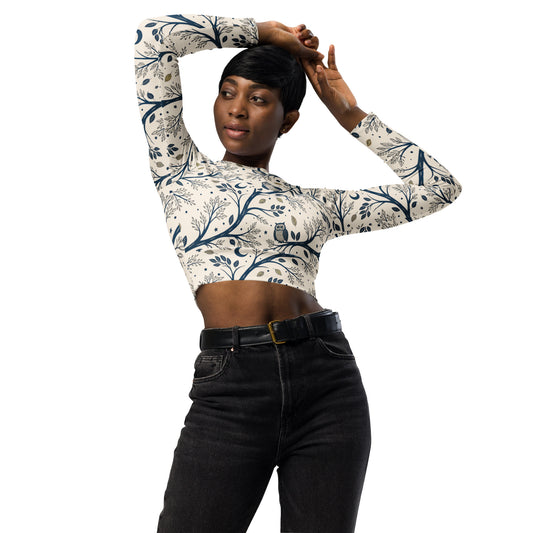 Owl Themed Recycled Long-Sleeve Crop Top - Eco Friendly Fashion Dudeily