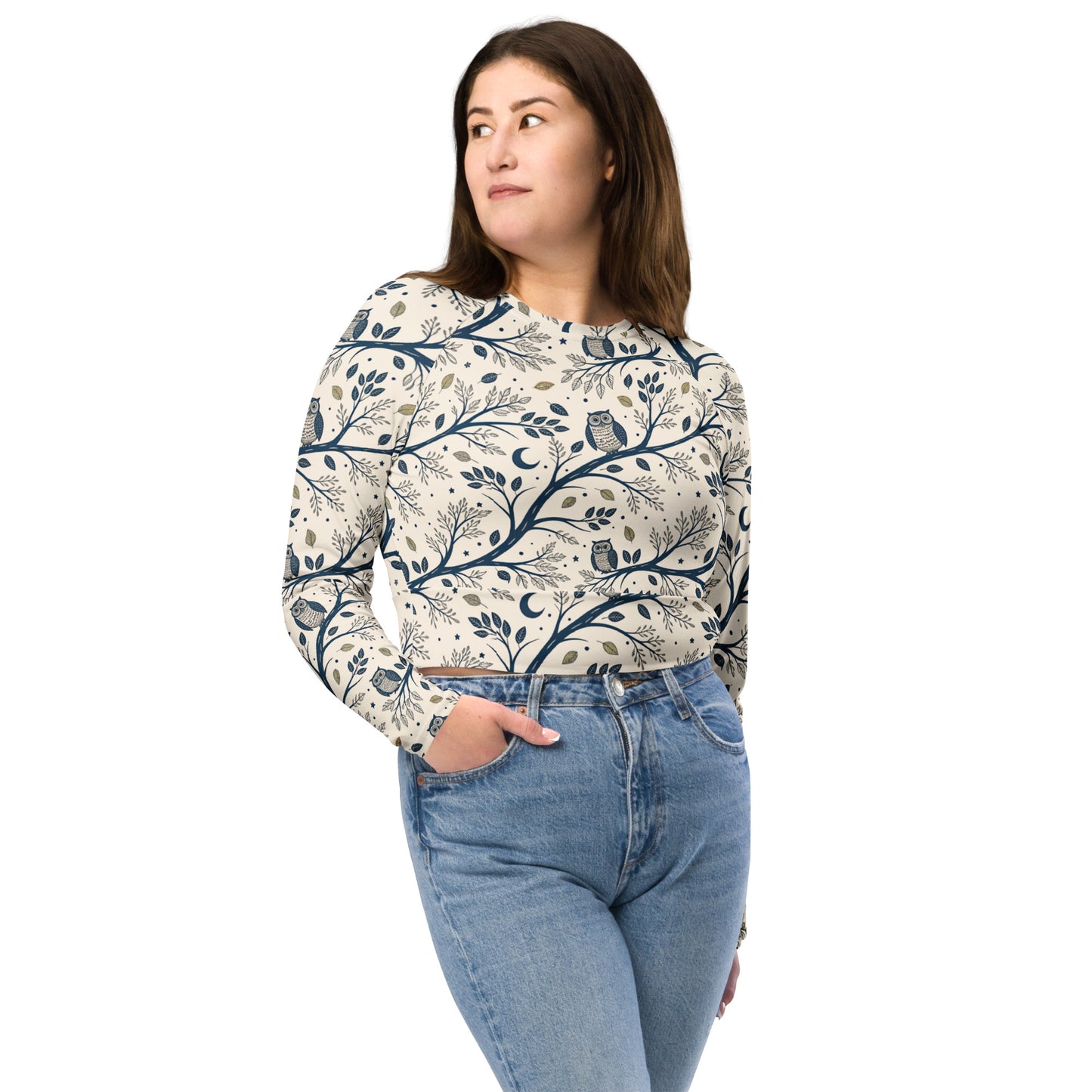 Owl Themed Recycled Long-Sleeve Crop Top - Eco Friendly Fashion Dudeily
