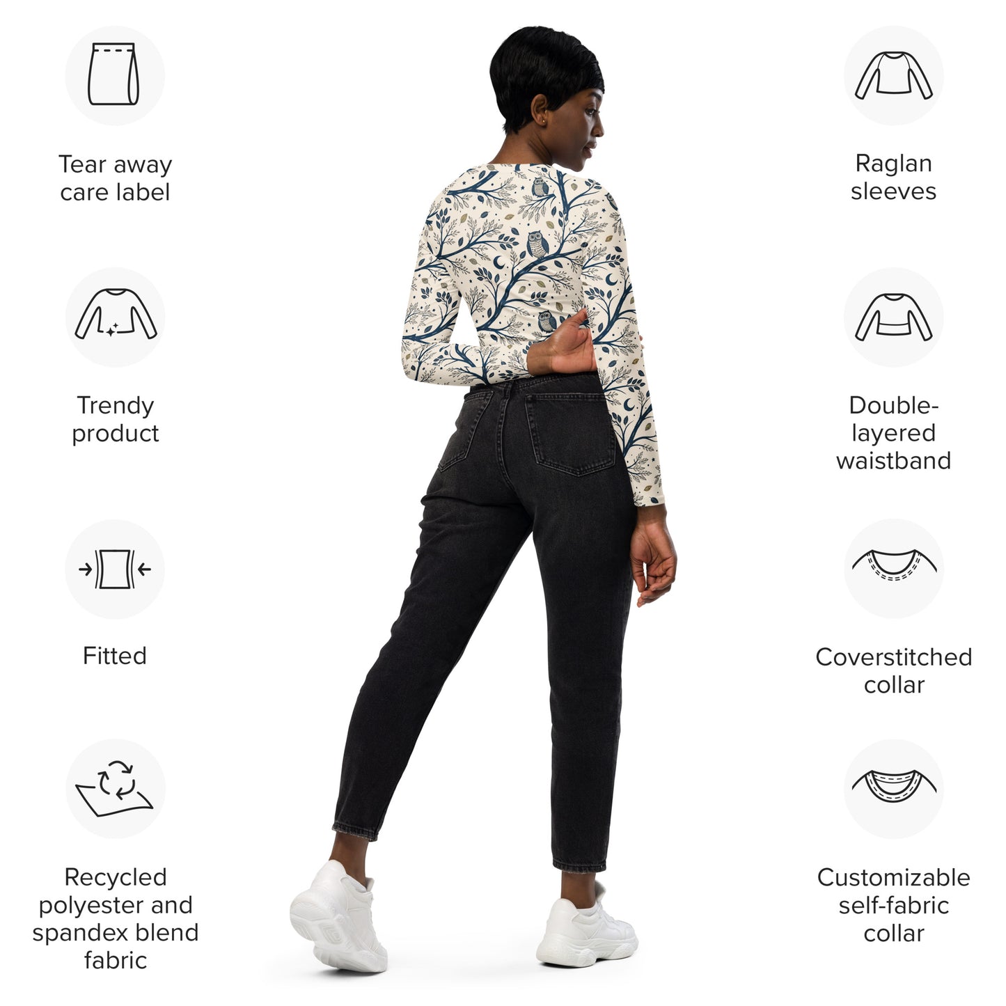 Owl Themed Recycled Long-Sleeve Crop Top - Eco Friendly Fashion Dudeily
