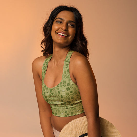 Owl-Themed Recycled Longline Sports Bra – Sustainable Support for Eco-Conscious Movement Dudeily