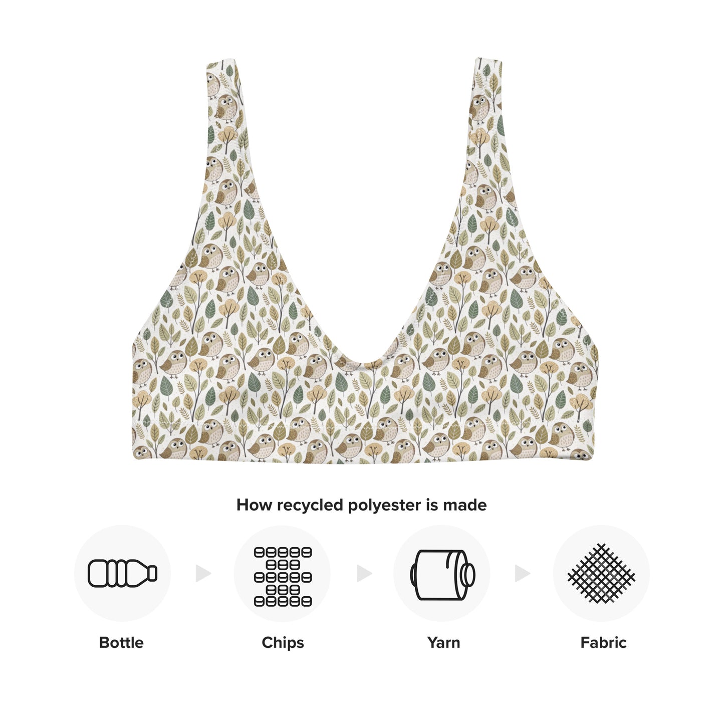 Owl-Themed Recycled Padded Bikini Top – Ethical Swimwear for Eco-Loving Trendsetters Dudeily