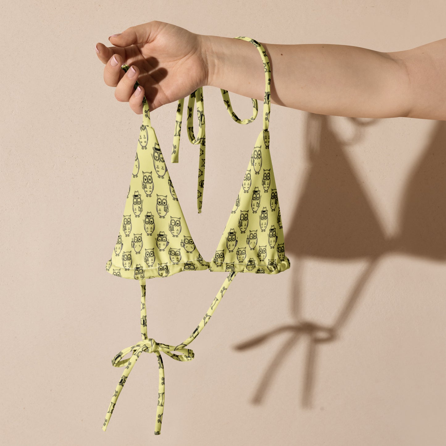 Owl-Themed All-Over Print Recycled String Bikini Top – Stylish Eco-Friendly fashion Dudeily