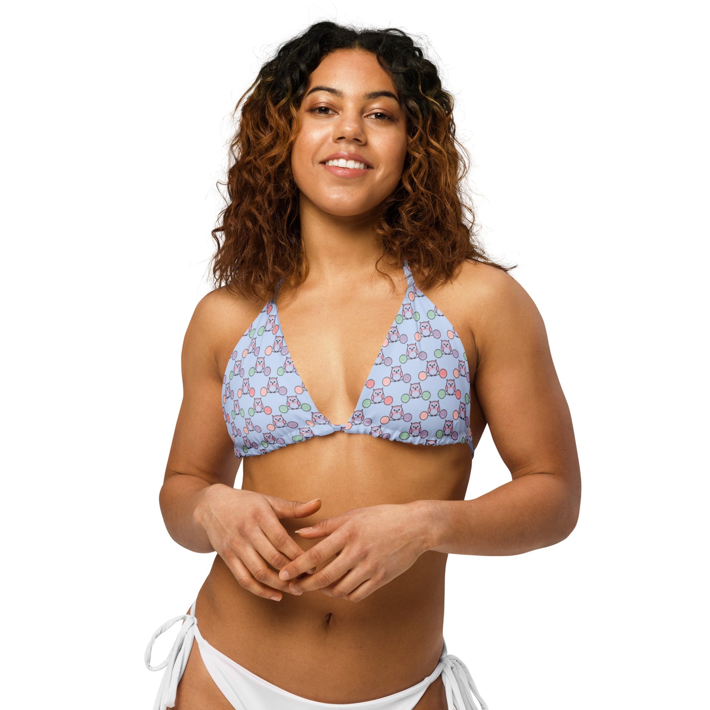 Owl Print All-Over Recycled String Bikini Top – Eco-Friendly & Stylish Dudeily