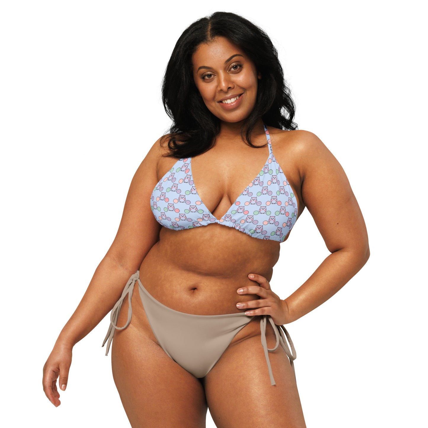 Owl Print All-Over Recycled String Bikini Top – Eco-Friendly & Stylish Dudeily