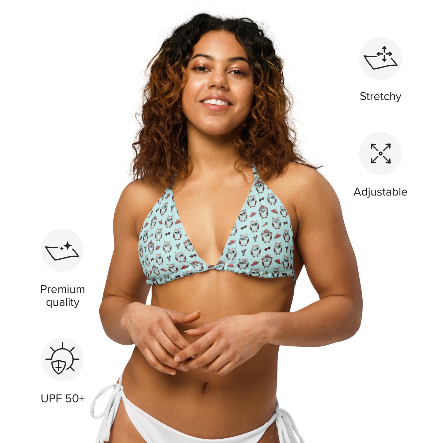 Eco-Friendly Owl Print Recycled String Bikini Top – Sustainable & Stylish Dudeily