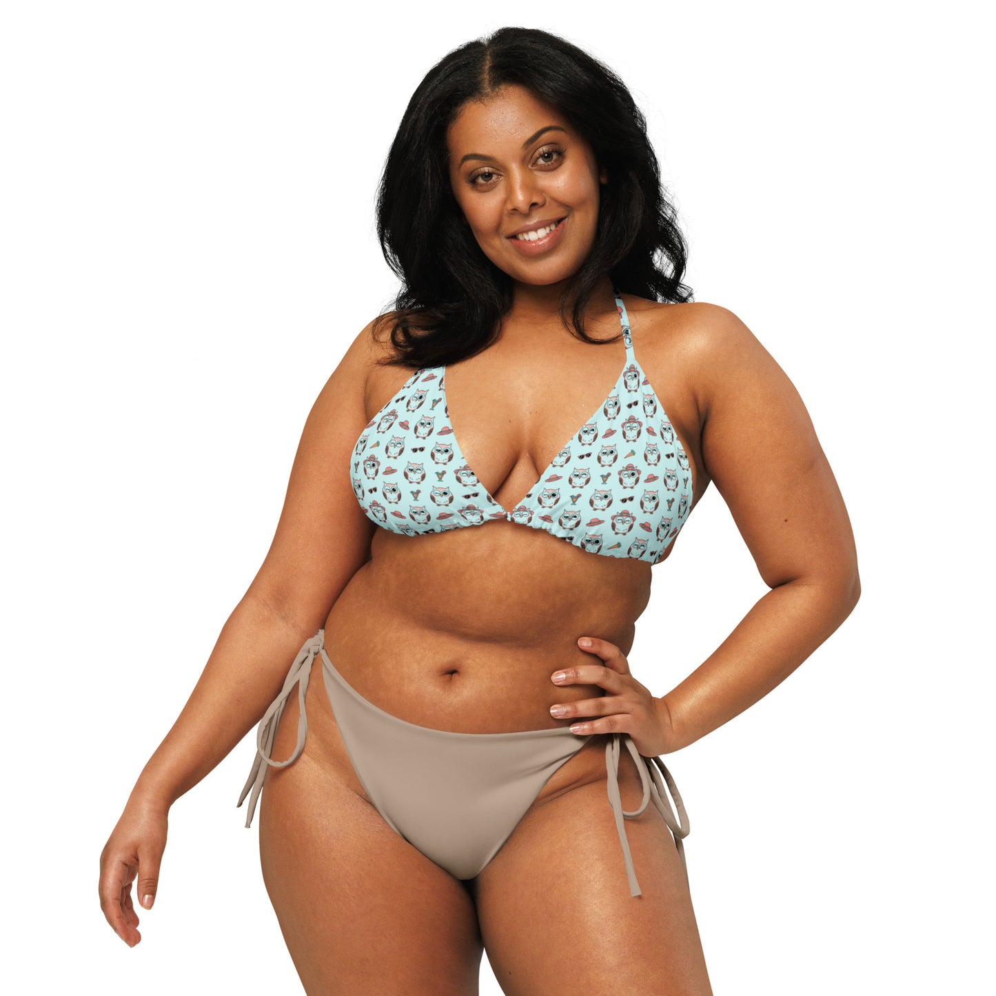 Eco-Friendly Owl Print Recycled String Bikini Top – Sustainable & Stylish Dudeily