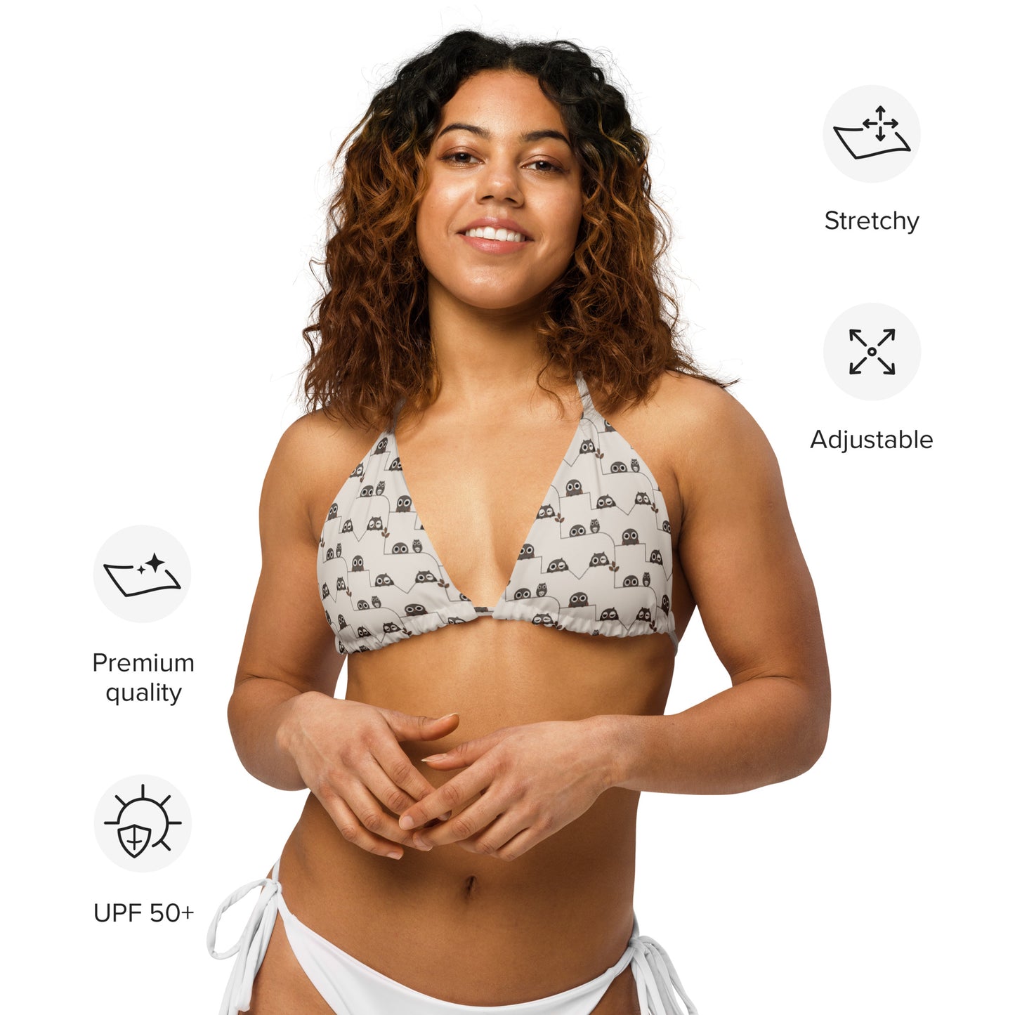 All-Over Print Recycled String Bikini Top – Eco-Friendly Owl Swimwear Dudeily