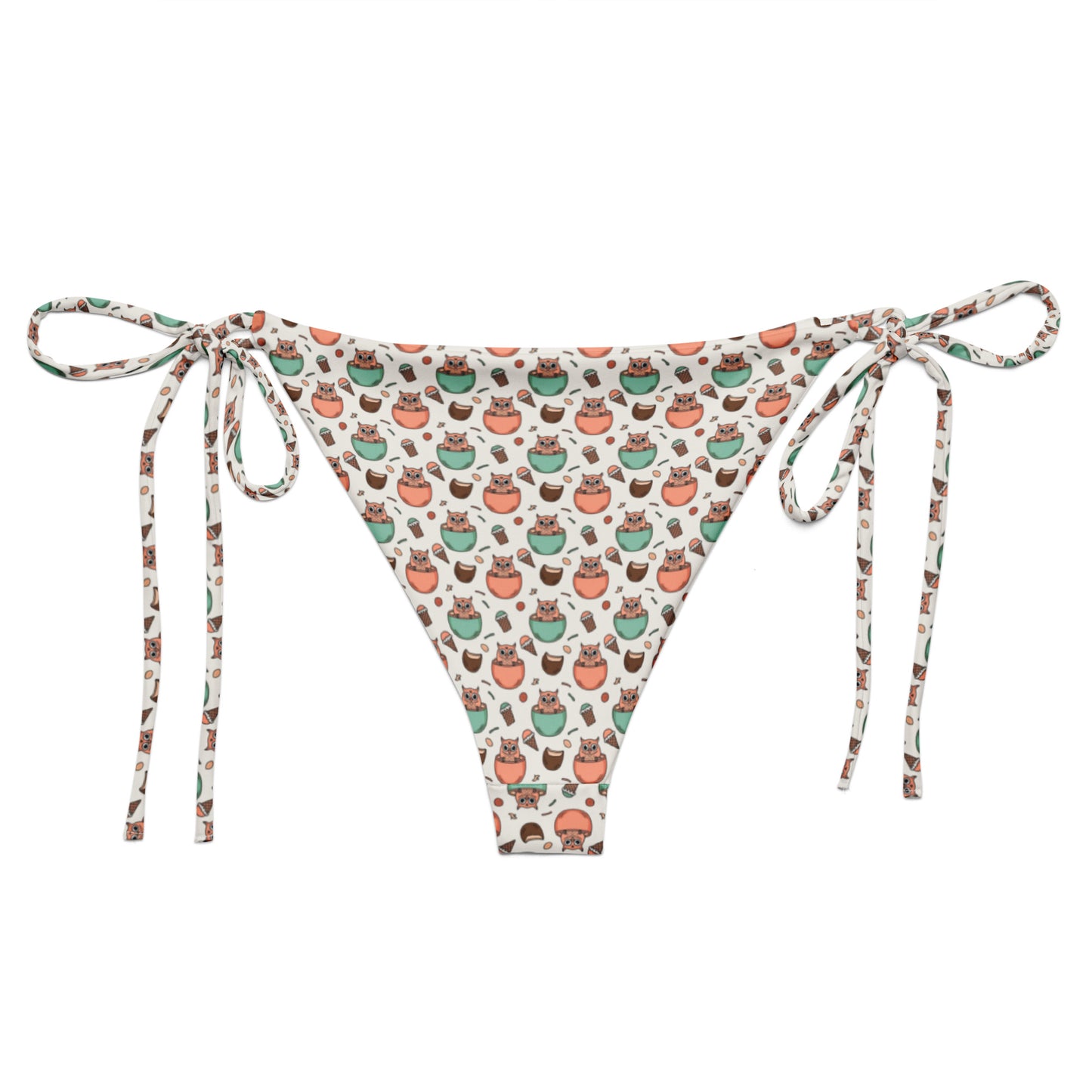 Forest Flight Recycled String Bikini Bottom – Owl-Themed All-Over Print Swimwear for Sustainable Summers Dudeily