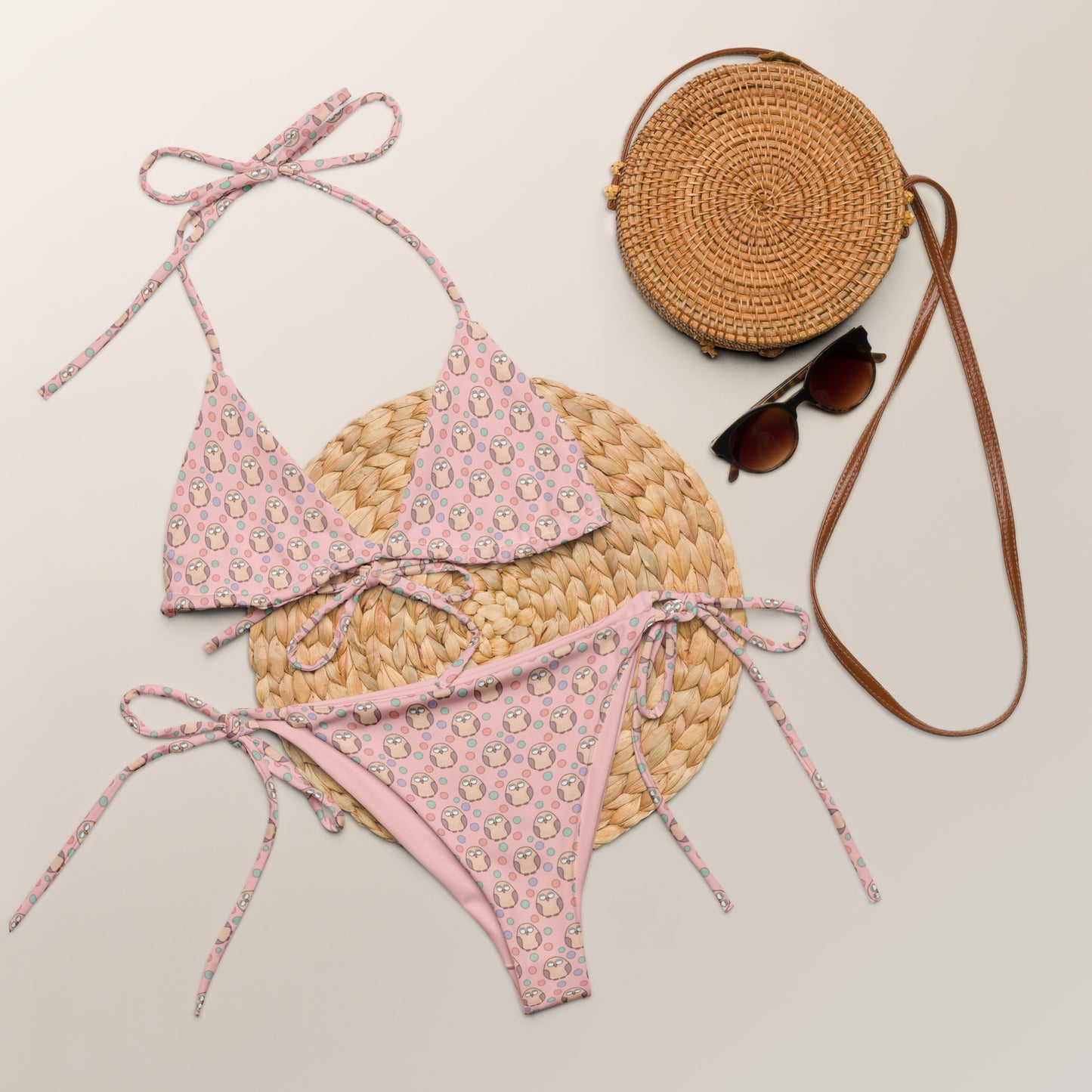All-Over Print Recycled String Bikini – Eco-Friendly Owl-Inspired Swimwear Dudeily
