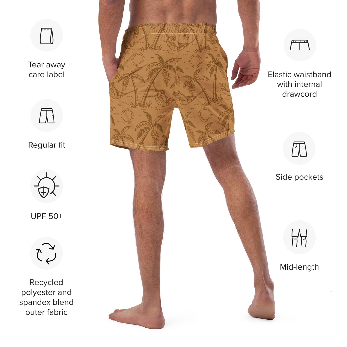 Owl-Themed Recycled Swim Trunks – Eco-Friendly Beachwear for Nature-Loving Men Dudeily