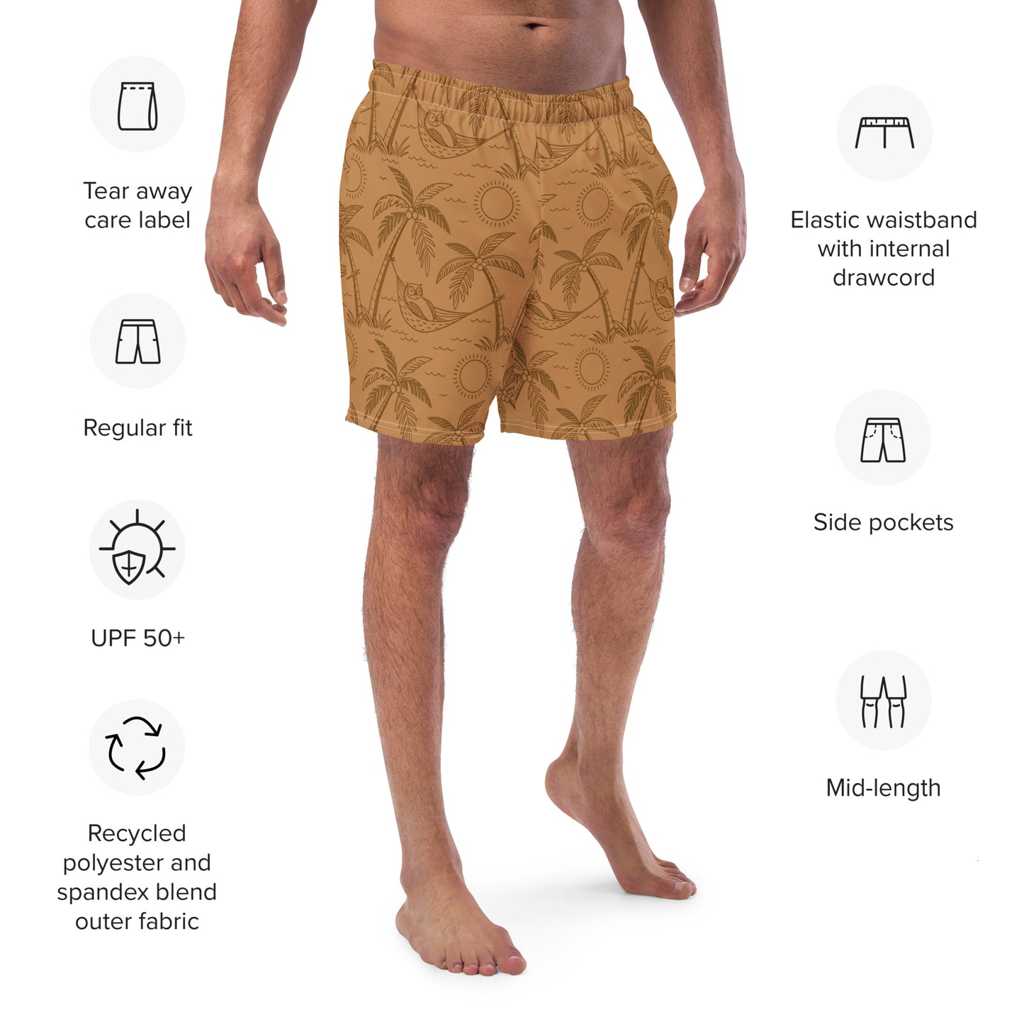 Owl-Themed Recycled Swim Trunks – Eco-Friendly Beachwear for Nature-Loving Men Dudeily
