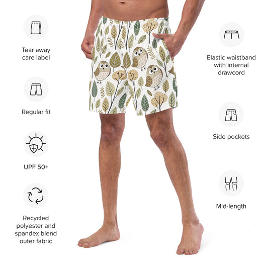 Owl-Themed Recycled Swim Trunks – Eco-Friendly Men’s Swimwear Sustainable Fashion USA Dudeily