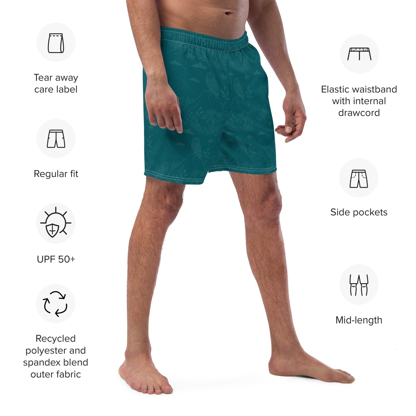 Owl-Themed Recycled Swim Trunks – Eco-Friendly Beachwear for Nature-Loving Men Dudeily