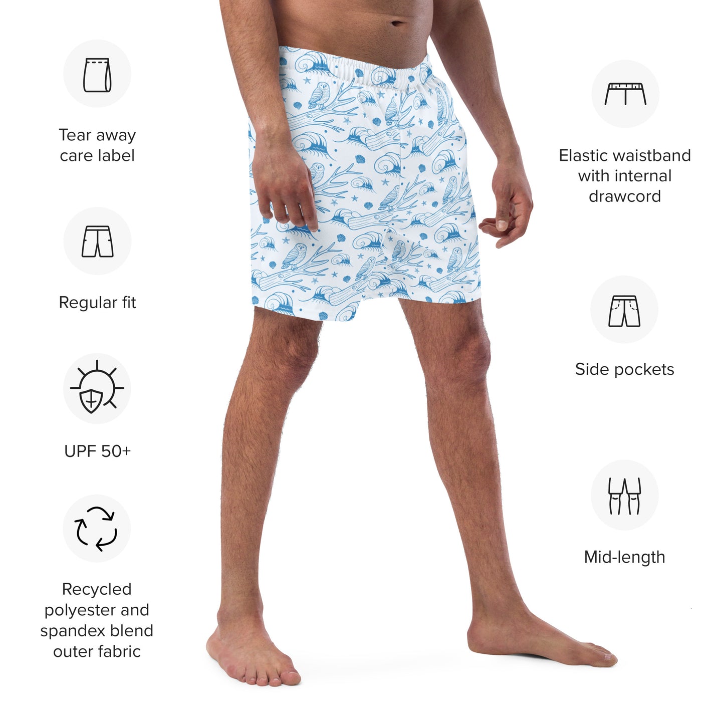 Owl Spirit Recycled Swim Trunks – Sustainable Beachwear for Eco Warriors Dudeily