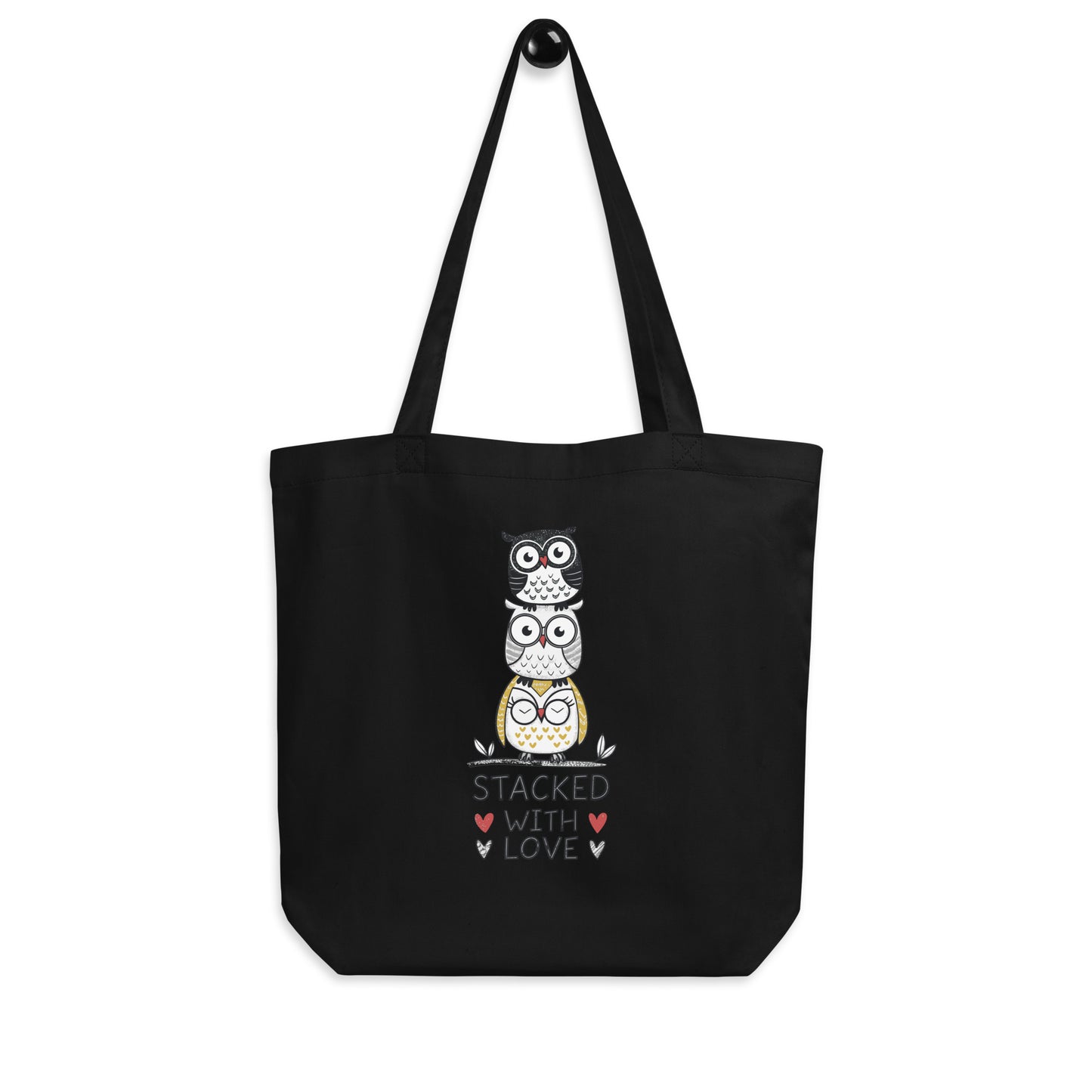 Eco Tote Bag: Stacked with Love | Owl-Inspired Sustainable Fashion USA by Dudeily Black Dudeily