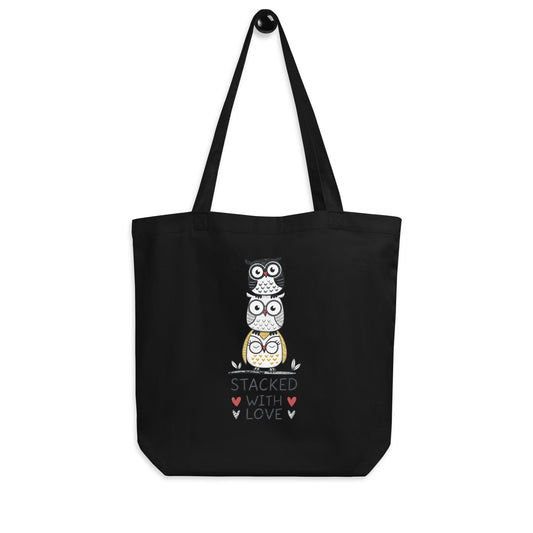 Eco Tote Bag: Stacked with Love | Owl-Inspired Sustainable Fashion USA by Dudeily Black Dudeily