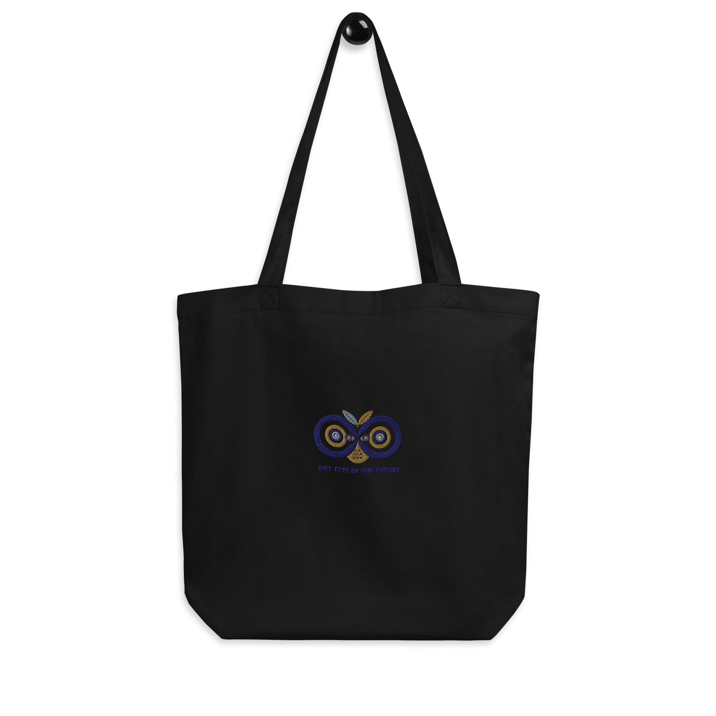 Eco Tote Bag: Owl Eyes on the Future | Embroidered Owl-Themed Sustainable Fashion USA by Dudeilyo Tote Bag Black Dudeily