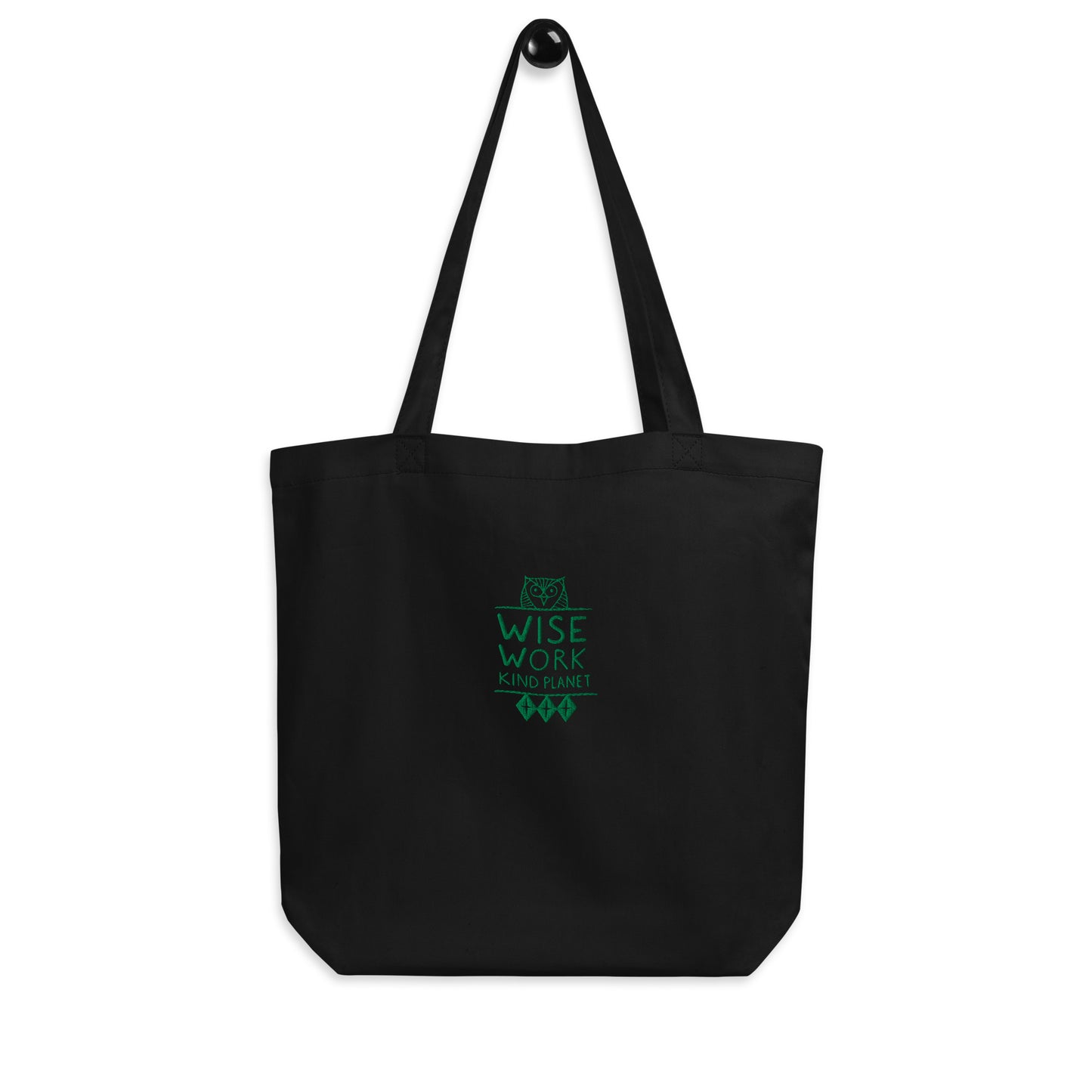 Eco Tote Bag: Wise Work, Kind Planet | Owl Embroidered Sustainable Fashion USA by Dudeily Black Dudeily