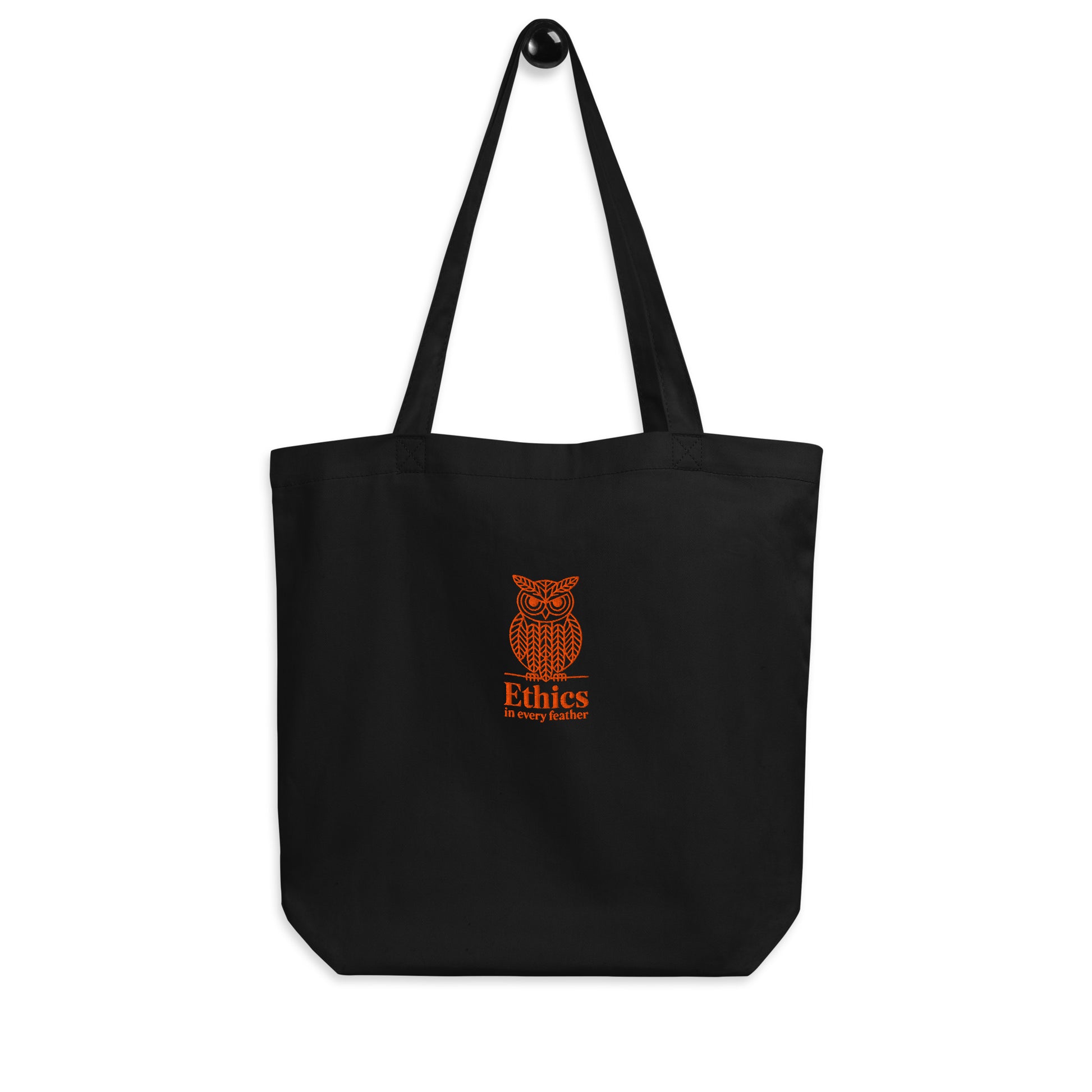 Large Organic Tote Bag -"Ethics in Every Feather" | Sustainable Owl Fashion USA Black Dudeily