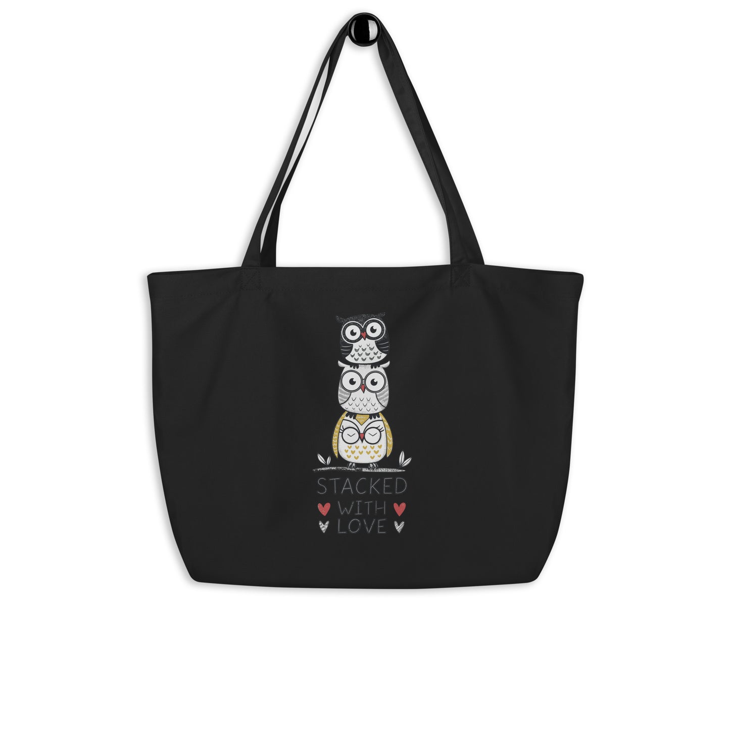 Large Organic Tote Bag: Stacked with Love | Owl-Themed Sustainable Fashion USA by Dudeily Dudeily