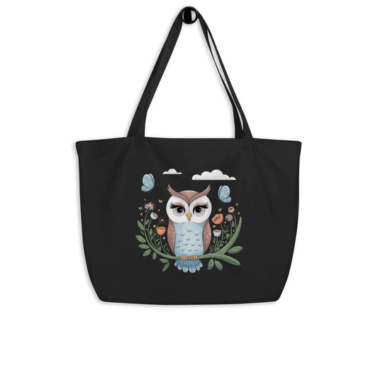 Owl Large Eco-Friendly Organic Tote Bags - Durable & Roomy Shopping Solution Black Dudeily
